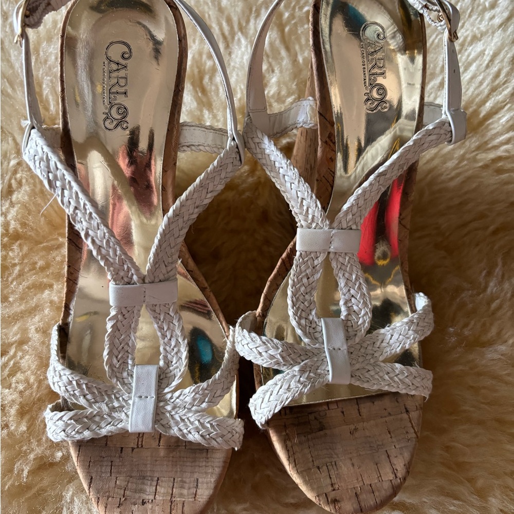 Carlos by Carlos Santana White Braided Cork Wedge Sandals